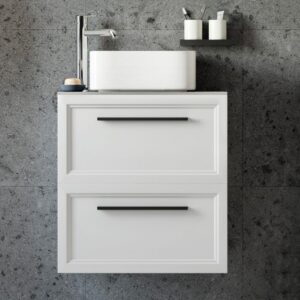 Тумба с раковиной STWORKI Эстерсунд 60 белая матовая, простоун беж с отверстием под смеситель в столешнице 459718