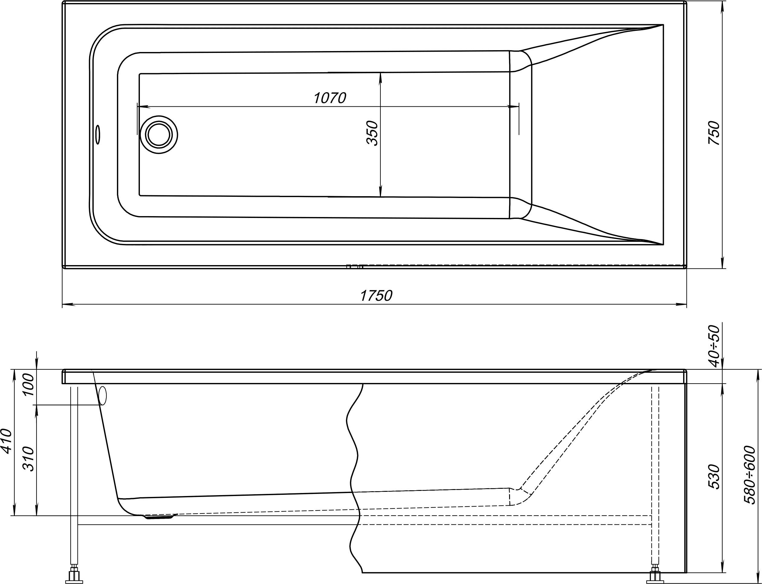 Акриловая ванна STWORKI Стокгольм 175x75 с каркасом, прямоугольная, российская, пристенная, встраиваемая 452137